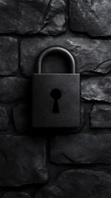 Quiet black padlock resting against rugged shadowed stone wall.