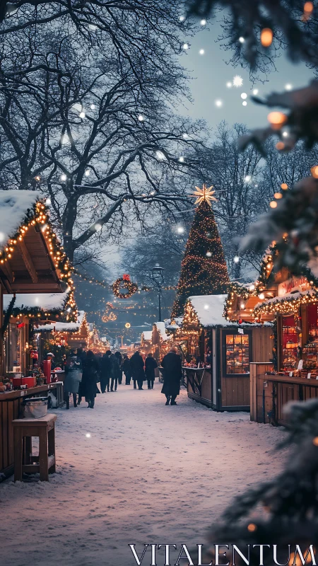 Snowy outdoor Christmas market with lit stalls and tree