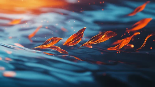 Orange light forms drifting above deep blue rippled water.