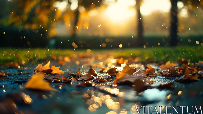 Rainlit autumn leaves glitter on a glowing golden pathway.