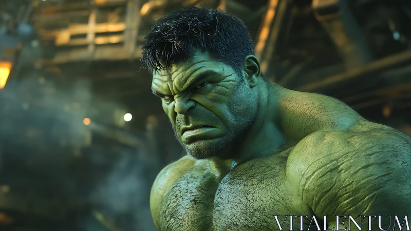 Hyper-detailed green humanoid brute in industrial backlight