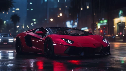 Sleek red supercar glowing on a rainy neon city street.