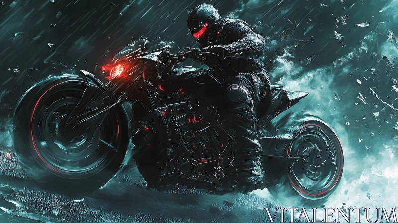 Armored rider on neon motorcycle in heavy storm.
