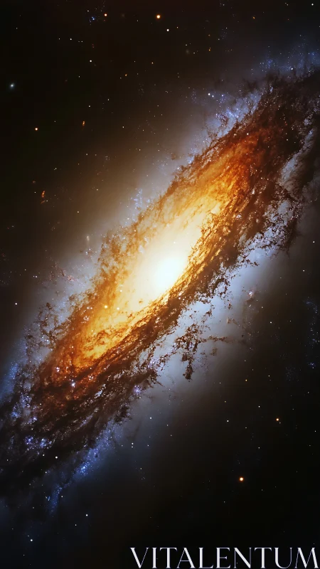 Edge-on spiral galaxy reveals incandescent core and dust lanes