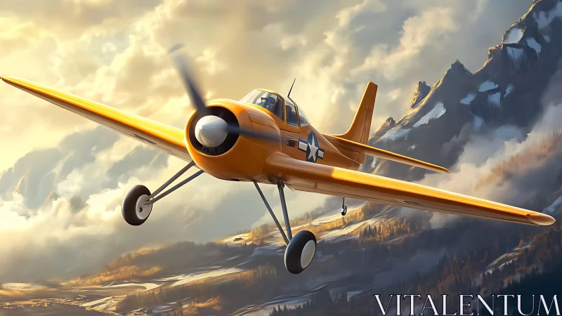 Monoplane trainer aircraft slicing through alpine cloudfields.