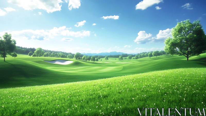 Sunlit golf fairway with rolling greens and bright bunker.