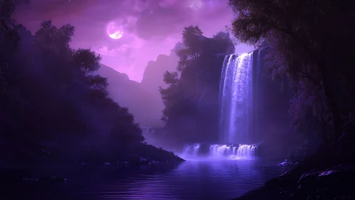 Moonlit amethyst falls drape a quiet, spellbound forest.