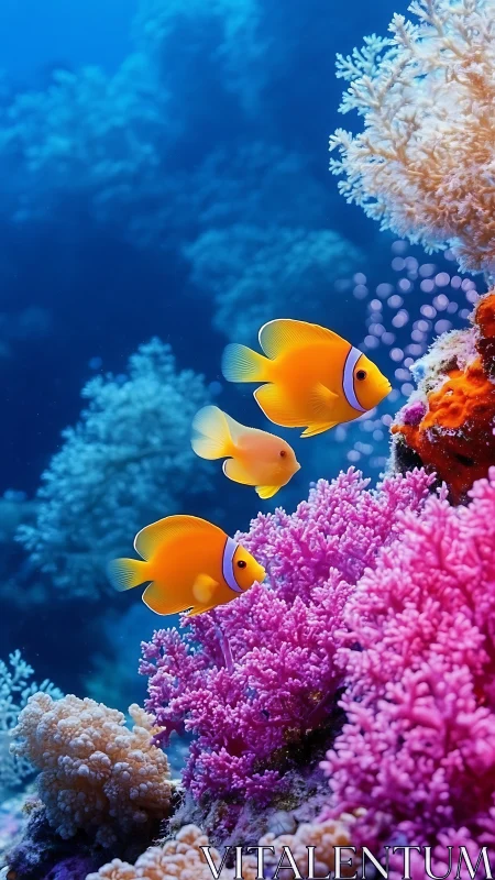 Chromatic clownfish triad over saturated coral reef strata.