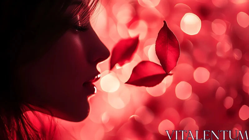 Soft silhouette and drifting red leaves in glowing light.