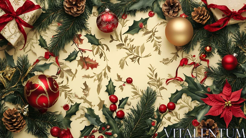 Festive Christmas wreath border with ornaments and holly.