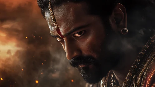 Warrior’s intense gaze framed by swirling embers and smoke.