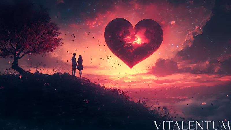 Two silhouetted figures observe an oversized luminous heart in atmospheric sky.