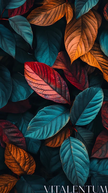 Velvety autumn leaves glow in teal, amber, and deep red