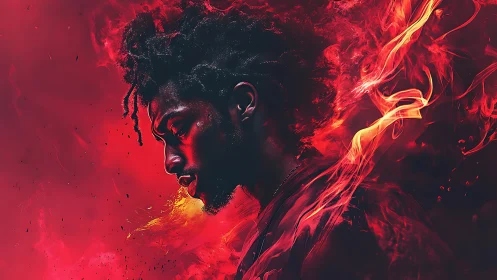 Portrait in flames with intense red inferno glow.