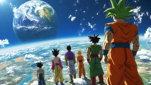 Heroic anime warriors gazing toward colossal distant Earth.