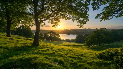 Golden evening sunlight gently warms a peaceful lakeside meadow