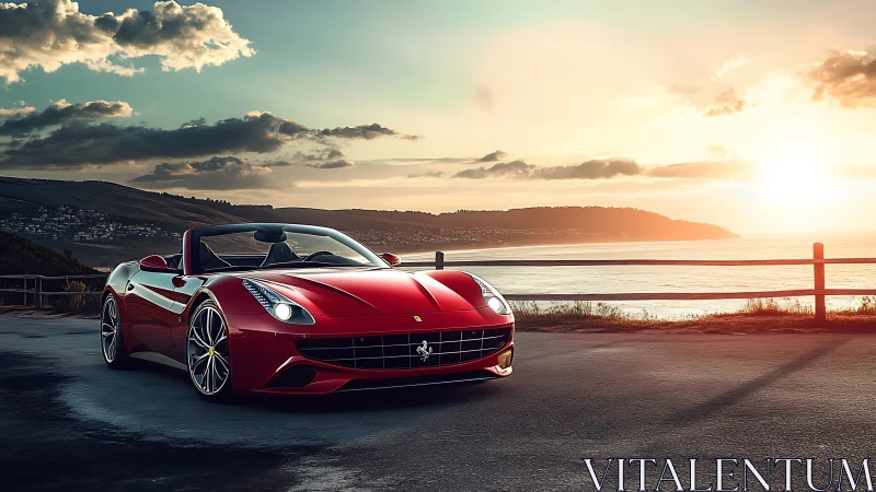 Sunlit red sports convertible on dramatic coastal highway.