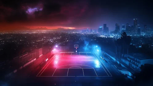 Urban basketball court divides cool and warm city skyline