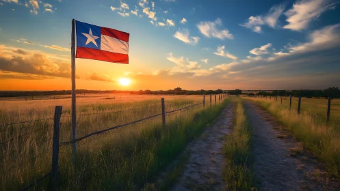 Lone star flag leans into sunset over a glowing ranch road