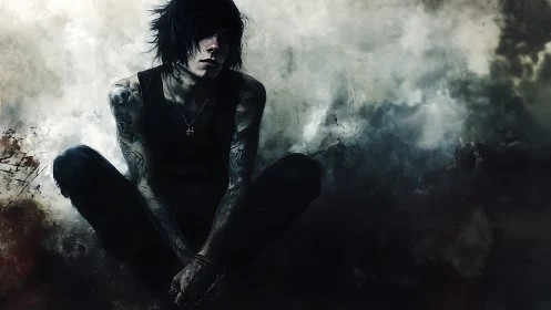 Digital painting of brooding tattooed youth in stormy chiaroscuro.