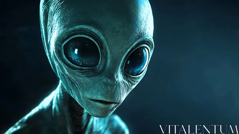 Alien creature portrait shows large glossy eyes and textured skin