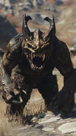 Horned wasteland beast roaring on rocky plain.