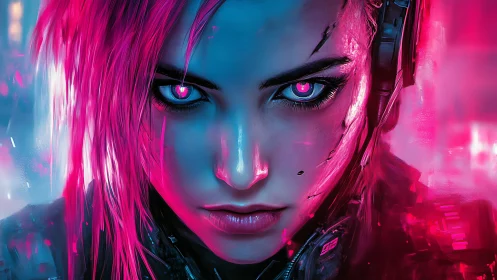 Cybernetic portrait of pink haired subject in neon field.