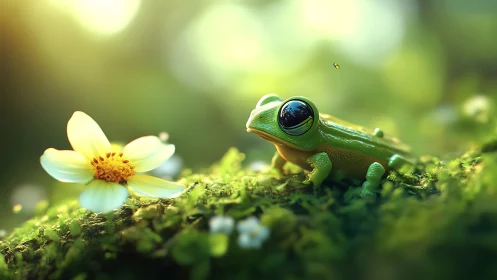 Digital painting of mossy forest frog with macro floral focus.