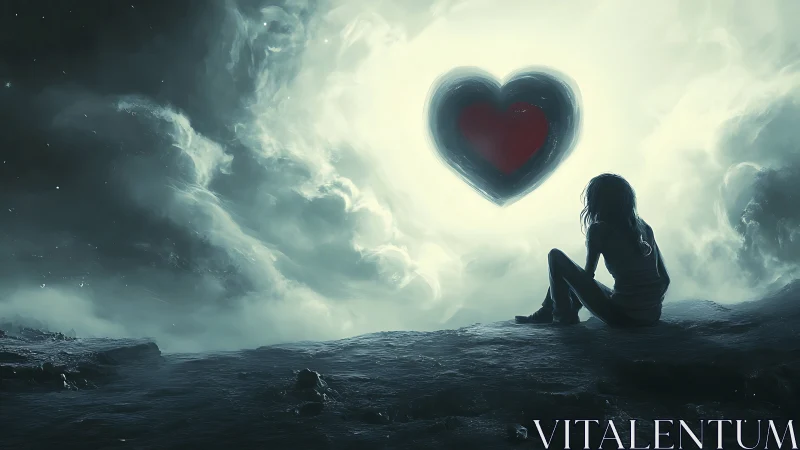Solitary Figure Gazes at Luminous Heart in Mystic Sky.