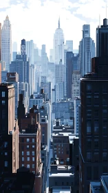 Sunlit canyon of steel and brick in quiet blue hush.