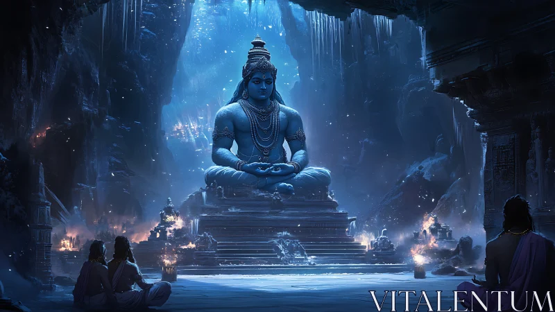 Majestic ice-lit deity statue presides over cavern temple.