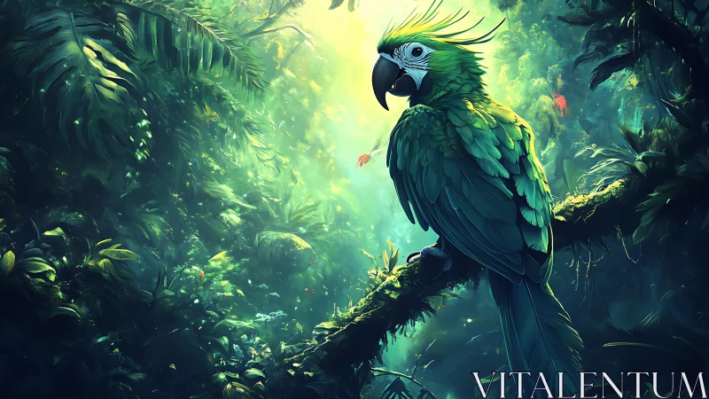 Emerald parrot rests in glowing rainforest light and mist