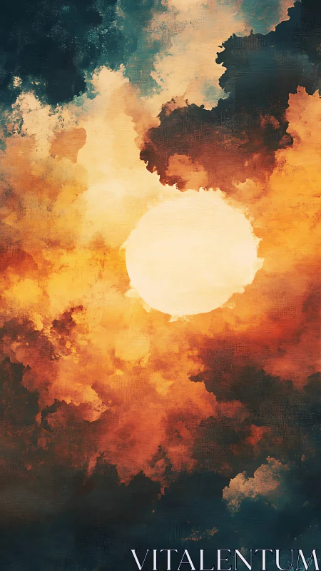 Large circular light source within dense orange cloud field.