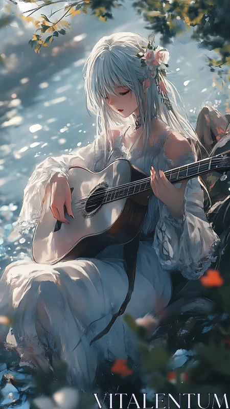 Lake shore guitarist in flowing white dress at dusk