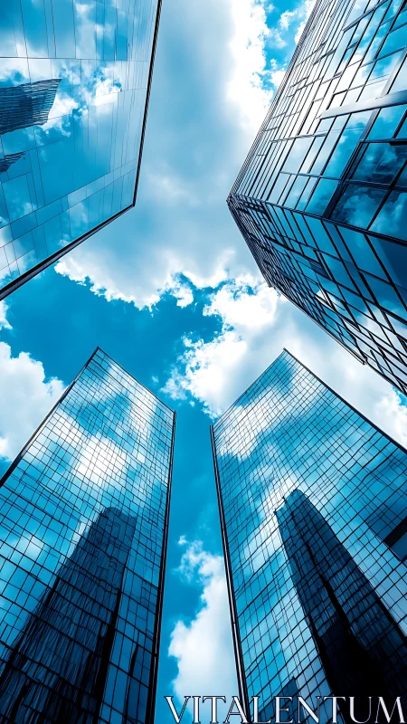 Glass skyscrapers framing bright blue urban sky grid.