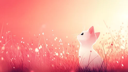 White kitten gazes toward warm glowing evening sky