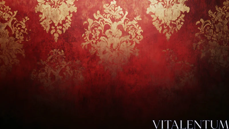 Ornate damask flourishes on distressed crimson ground.