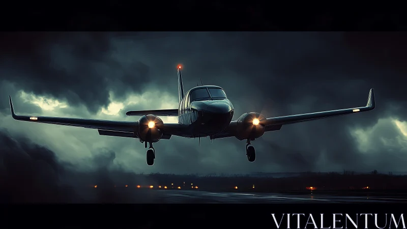 Twin-engine aircraft landing through dramatic storm clouds.