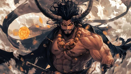 Horned warrior strides through swirling storm of divine fire.