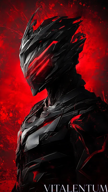 Armored humanoid figure with angular helmet in red field.