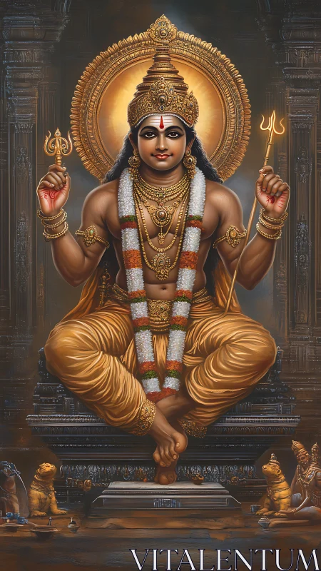 Hindu deity seated on ornate pedestal with temple backdrop.