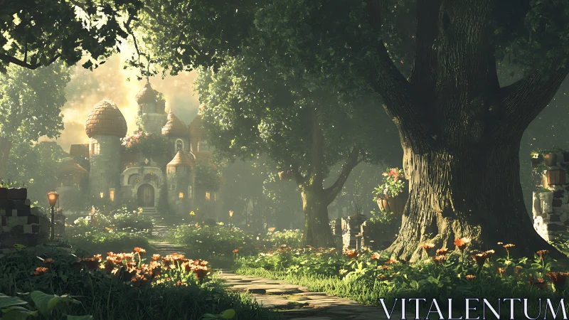 Sunlit fairy-tale cottage beneath towering forest canopy.