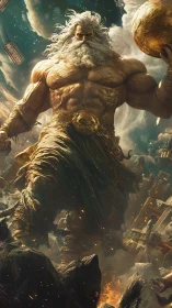 Storm-forged titan striding through crumbling golden heavens.