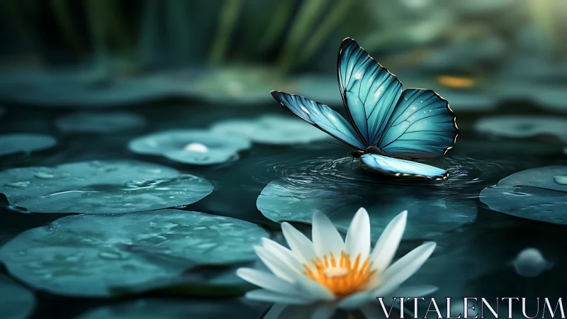 Blue butterfly on lily pads in dreamy soft-focus nature scene.