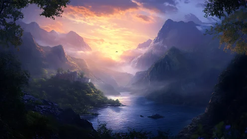 Sunlit mist pours through fantasy mountains over lake valley
