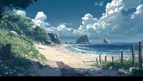 Scenic Coastal Beach with Rocky Outcrops and Ocean.