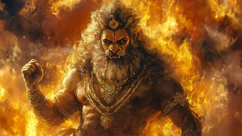 Lion headed warrior deity amid flames in digital artwork.