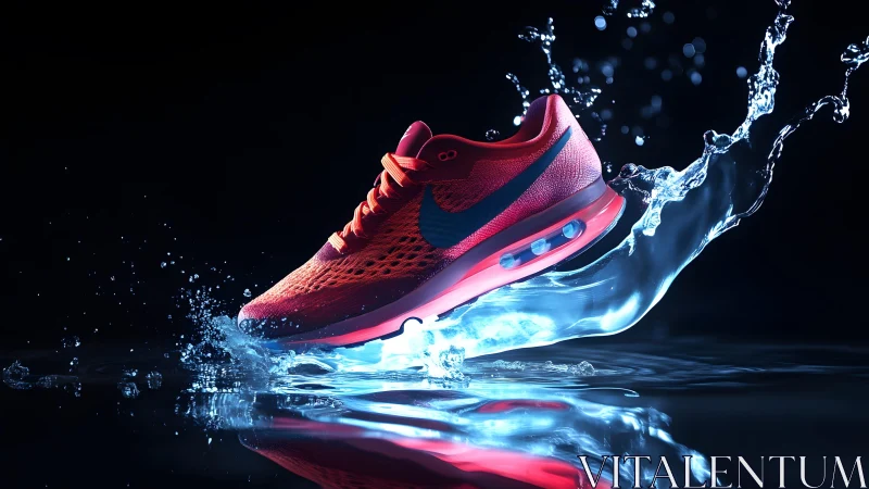Vibrant Red Running Shoe in Dynamic Splash with Dark Background.