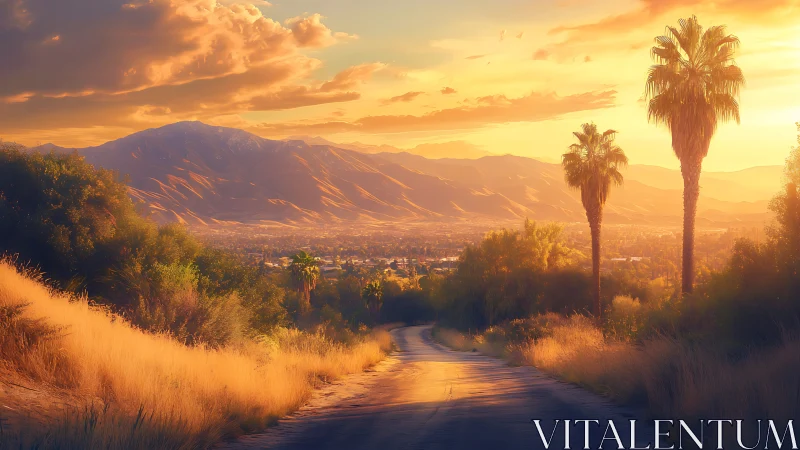 Sunlit desert road curves toward hazy valley city at golden hour
