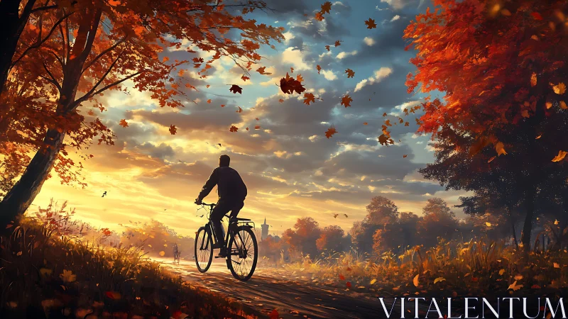 Cyclist silhouette pedaling through autumn landscape with falling maple leaves and golden sunset ill